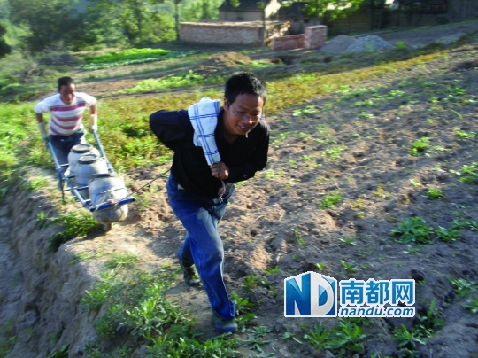 <p> 陳向陽和老鄉(xiāng)拖尿水上山。<p></p>